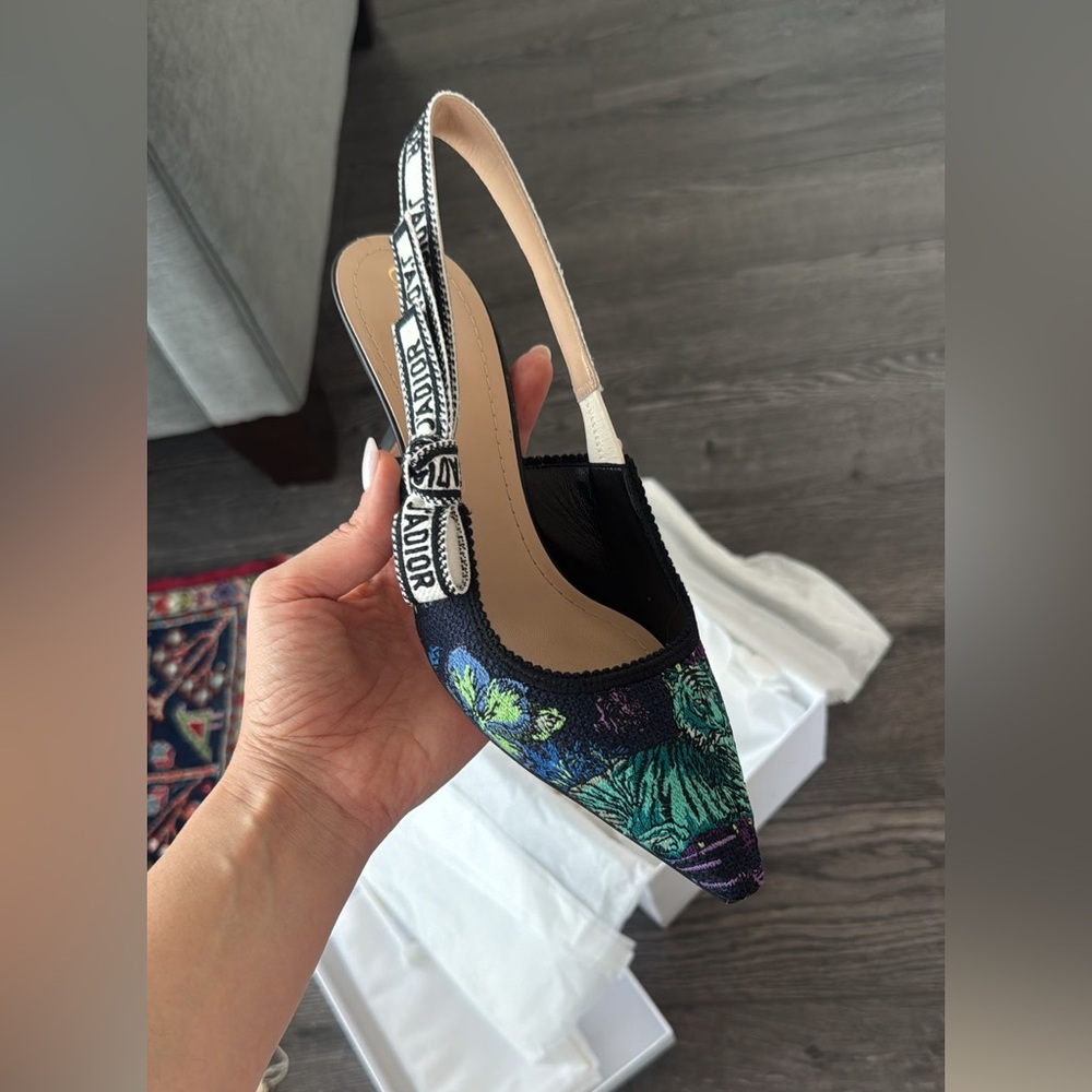 Dior Women's Black and Green Floral Slingback Heels